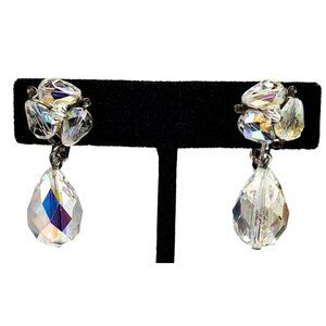 Vintage Vendome Crystal Earrings Dangling Drop Aurora Boreawlis Beaded Clip Ons